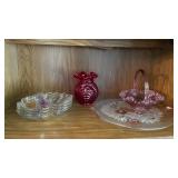Pink Red Clear Pressed Glass Vase Basket Plates