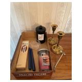 Candles, Brass Candlesticks & Scented Jar Candle