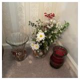 Clear Glass & Red Mosaic Vases with Floral