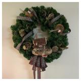 Woodland Christmas Wreath w/ Cottage & Plaid