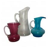 Trio of Art Glass Pitchers Assorted Colors