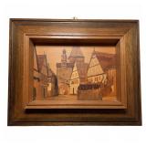 Framed Marquetry European Street Scene