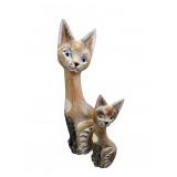 Hand-Carved Wooden Cat Sculpture Pair