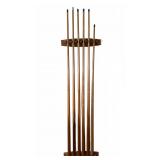 Six Wood Pool Cues with Wall Rack