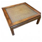 Square Wood & Cane Coffee Table with Glass
