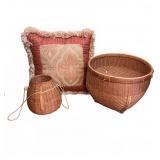 Woven Storage Baskets & Decorative Pillow