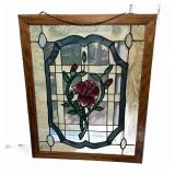 Stained Glass Rose Panel with Wood Frame