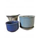 3 Blue Ceramic Planters