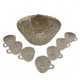 Pressed Glass Punch Bowl & 8 Cups Set
