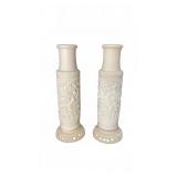 Carved Faux Ivory Cylindrical Vases Pair