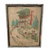 Vintage Framed Embroidered Cottage Scene