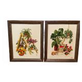Pair Framed Needlepoint Plant & Cat Scenes