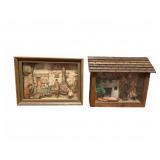 Framed Village Scene & Miniature Fireplace Diorama