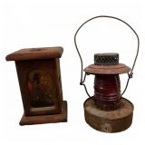 Vintage Railroad Lantern & Painted Windmill Box
