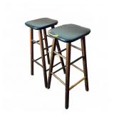 Midcentury Wood & Vinyl Bar Stools Pair