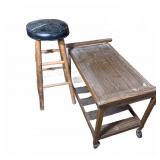 Wood Rolling Cart & Vintage Wood Bar Stool