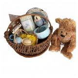 Vintage Basket With Miniatures & Plush Bear