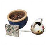 Blue Ceramic Planter & Hummingbird Welcome Sign