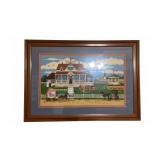Framed Americana Needlepoint With House Scene