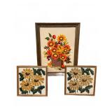 Vintage Framed Floral Needlework Trio