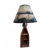 Rustic Boat Shelf Table Lamp With Fishing Shade