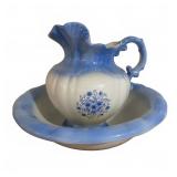 Blue & White Floral Wash Basin & Pitcher Set