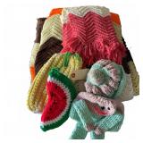 Vintage Crochet Afghan, Baby Hat & Novelty Pouches