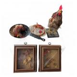 Decorative Chicken Figurine & Framed Floral Art