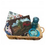 Vintage Basket With Art, Glass, & Accessories