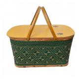 Vintage Woven Picnic Basket With Wood Lid