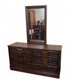 Wood Dresser Ornate Carved Drawer Fronts & Mirror