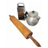 Kitchen Utensils: Rolling Pin, Grater & Kettle