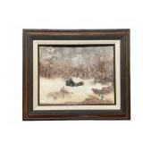 Signed Winter Cabin Painting by A. Bizou