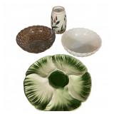 Green Leaf Divided Plate & Art Pottery Vase