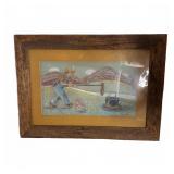 Folk Art Pastel Drawing of Farmer & Chicken