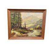 Framed Landscape Oil Painting of Mountains & River