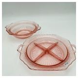 2 MAYFAIR Pink Depression Glass Dishes One Divided