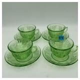 Set of 4 Green Uranium Cup & Saucers Federal Glass