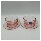 Pair of Pink Depression Glass Cups & Saucers