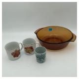 Fire-King Amber bowl and 3 Vtg Collector Cups