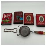 4 Old Tobacco Tins, Strainer and Bottle Opener