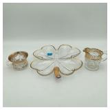 Glass 4 Leaf Clover Plate Cream & Sugar Gold Trim