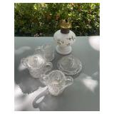 Vintage oil lamp & cream and sugar, butter dish
