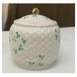 VINTAGE BELLEEK IRELAND BISCUIT BARREL AND LID