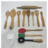 Wooden kitchen, tools, and gadgets