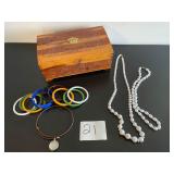 wooden jewelry box  costume bracelets necklaces