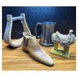 Vintage Western Decor Lot: Stirrup, Silver Mug...