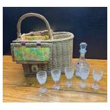 Vintage Wicker Picnic Basket with Decanter &