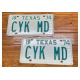 Pair of 1974 Texas License Plates CYK MD