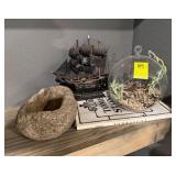 Pirate Ship Model and Terrarium with Succulents
